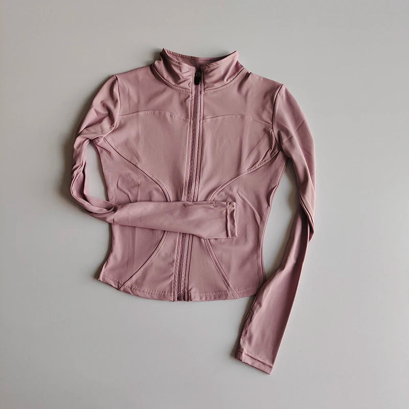 Chaqueta de manga larga para deportes al aire libre para mujer, ropa de Yoga delgada, cárdigan de secado rápido con cremallera, cuello alto, chaqueta para correr, Fitness, Top