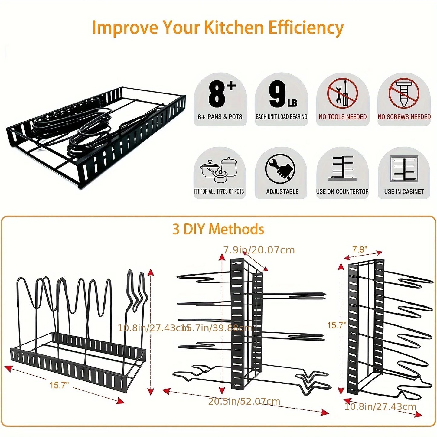 2 Pack  , Pot Rack Organizers, Kitchen Organization & Storage Rack, Adjustable Pot Lid Holders & Pan Rack