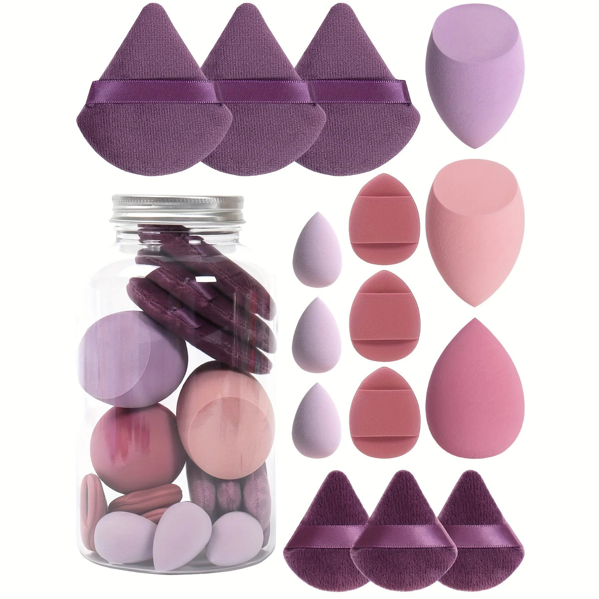 Primavera 15 latas, 3 esponjas para polvos sueltos y 3 mini esponjas para polvos sueltos y 3 mini huevos de maquillaje y 3 mini esponjas con cojín de aire, mezcla de bases