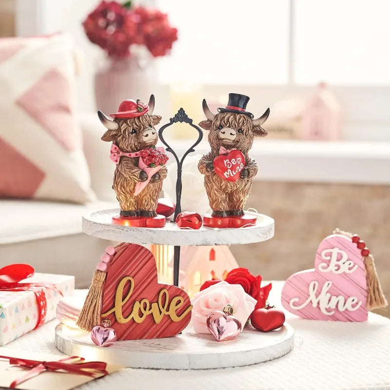 2Pcs Valentine's Day Highland Cow Decor, Cute Romantic Brown Calf Resin Handmade Figurines for Tiered Tray Table Home Decor