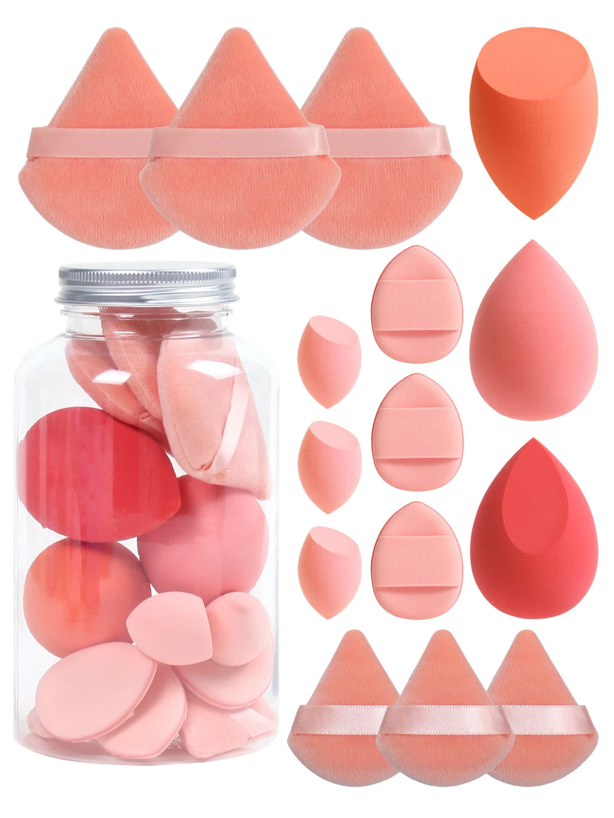 Primavera 15 latas, 3 esponjas para polvos sueltos y 3 mini esponjas para polvos sueltos y 3 mini huevos de maquillaje y 3 mini esponjas con cojín de aire, mezcla de bases