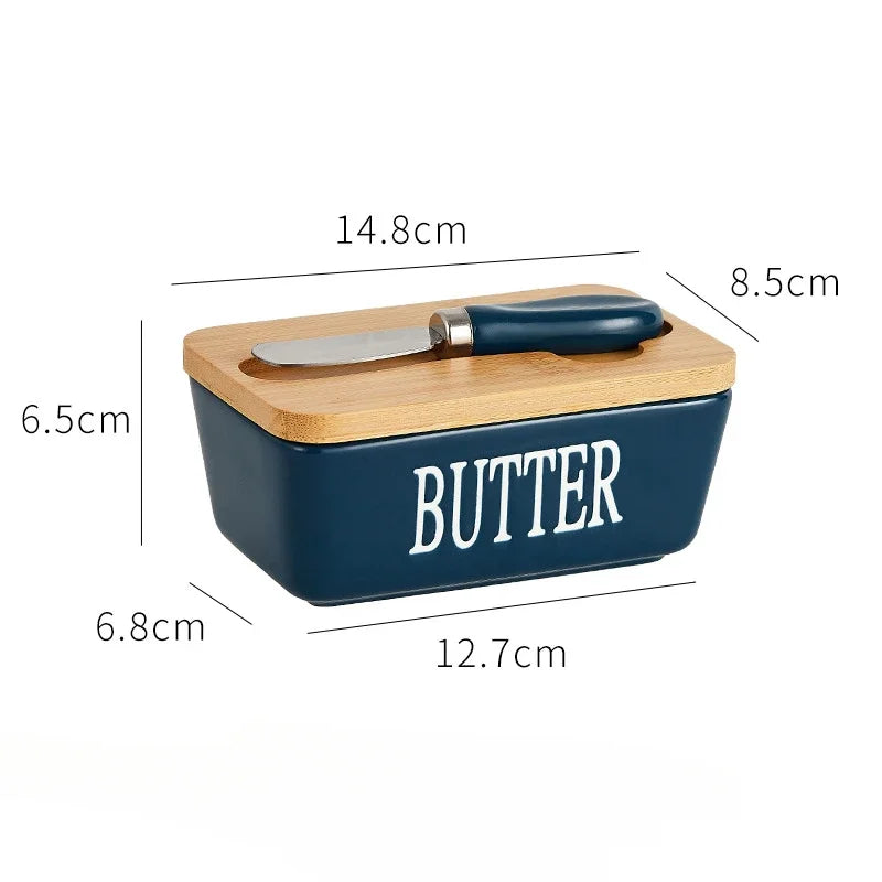 Ceramic Butter Container Box Restaurant Seal Storage Boxes Cheese Box with Knife Bamboo Lid Butters Slicer Butter Dish Tableware