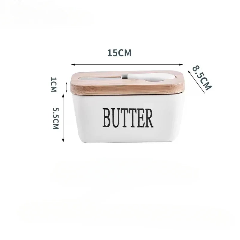 Ceramic Butter Container Box Restaurant Seal Storage Boxes Cheese Box with Knife Bamboo Lid Butters Slicer Butter Dish Tableware