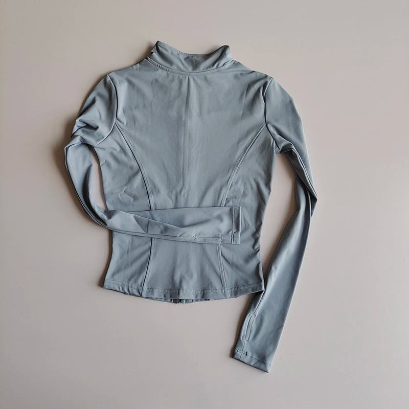 Chaqueta de manga larga para deportes al aire libre para mujer, ropa de Yoga delgada, cárdigan de secado rápido con cremallera, cuello alto, chaqueta para correr, Fitness, Top