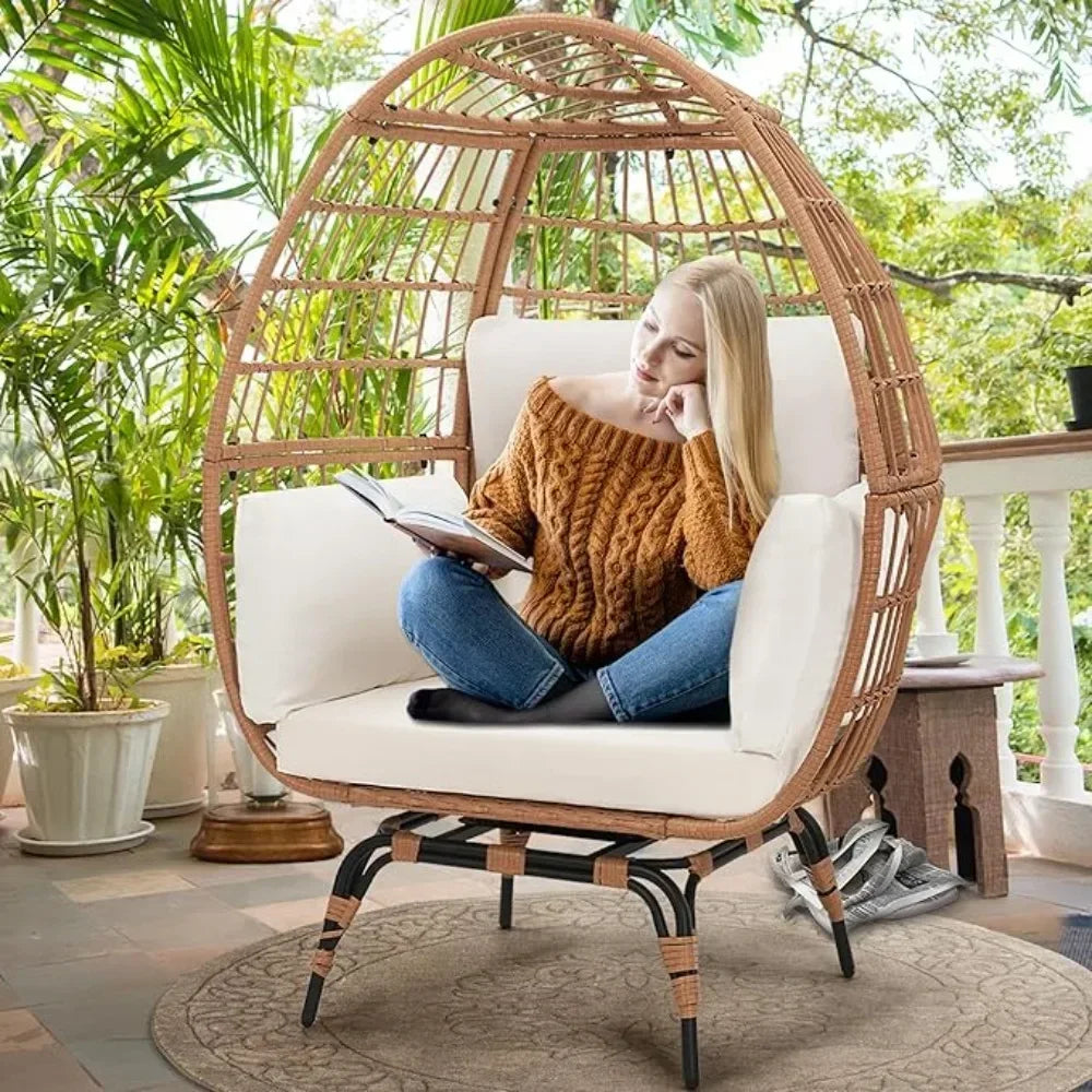 Egg Chair for Adult, Outdoor Patio Rattan Egg Chair with overstuffed Cushions, Natural Rattan with Cushion