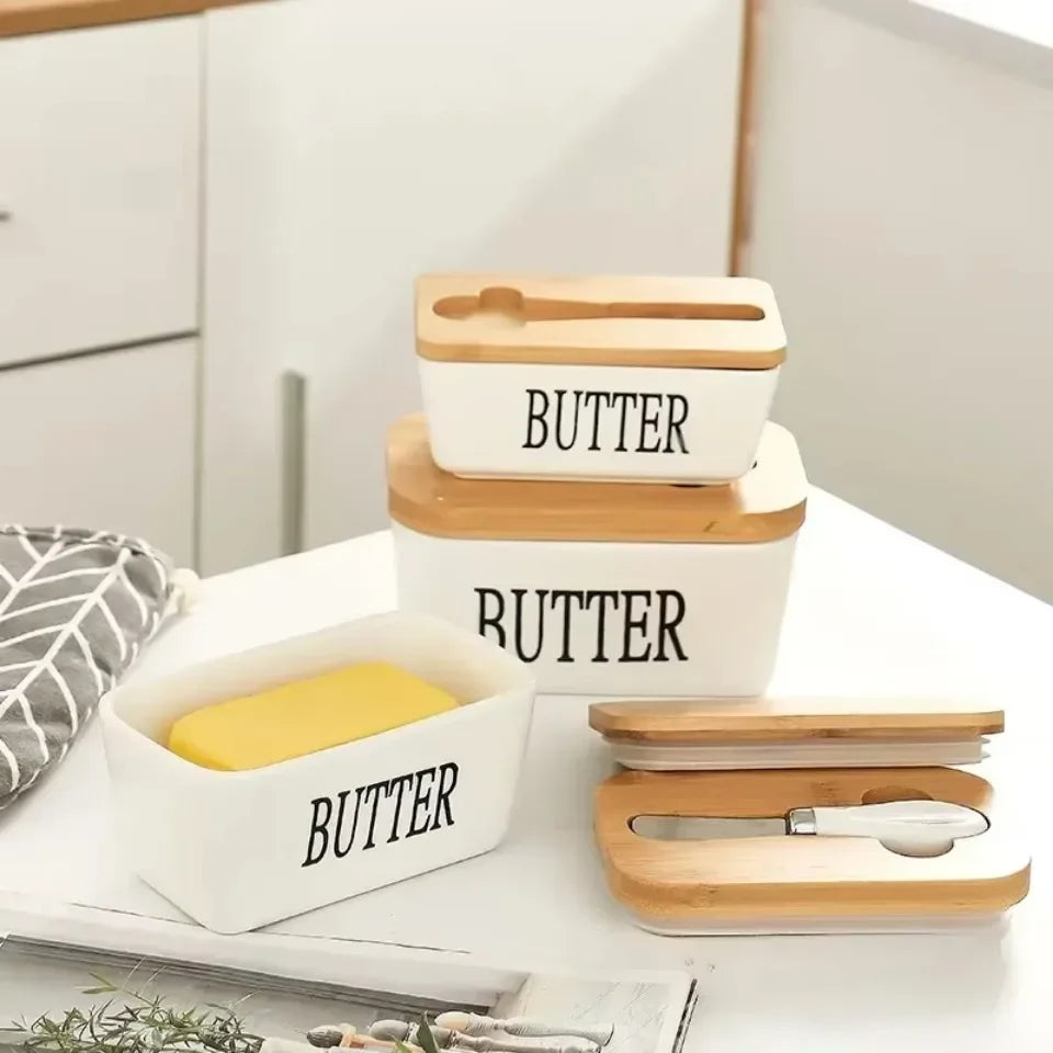 Ceramic Butter Container Box Restaurant Seal Storage Boxes Cheese Box with Knife Bamboo Lid Butters Slicer Butter Dish Tableware