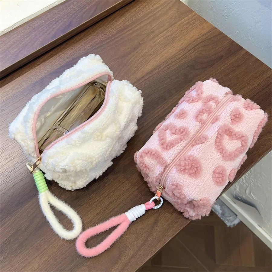 Bolsas de maquillaje de felpa con asa, bolsa de almacenamiento de cosméticos de viaje suave, organizador portátil con estampado romántico, estuche para lápices, bonita bolsa de mano