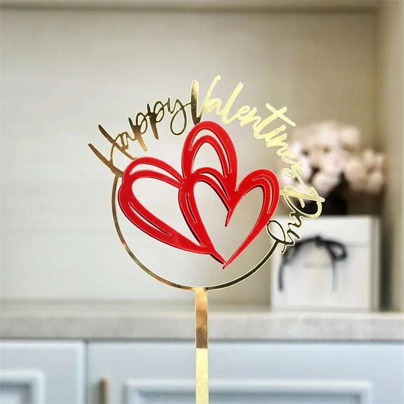 10PCS Acrylic Cake Topper Happy Valentine's Day Cupcake Topper for Wedding Party Cake Decorations Love Heart Dessert Decoration