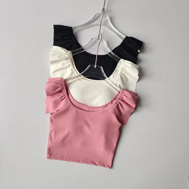 Small  Flying Sleeve Yoga Short Sleeve Quick-drying Breathable Short Fitness Clothing with Chest Pads Outside Wearing Pilates Top