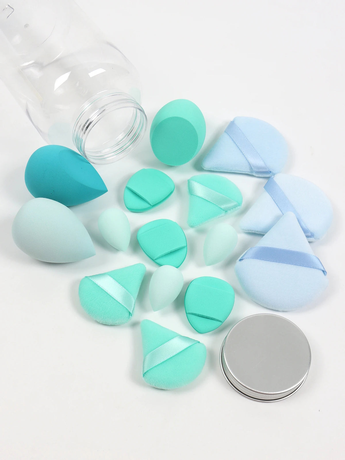 Primavera 15 latas, 3 esponjas para polvos sueltos y 3 mini esponjas para polvos sueltos y 3 mini huevos de maquillaje y 3 mini esponjas con cojín de aire, mezcla de bases