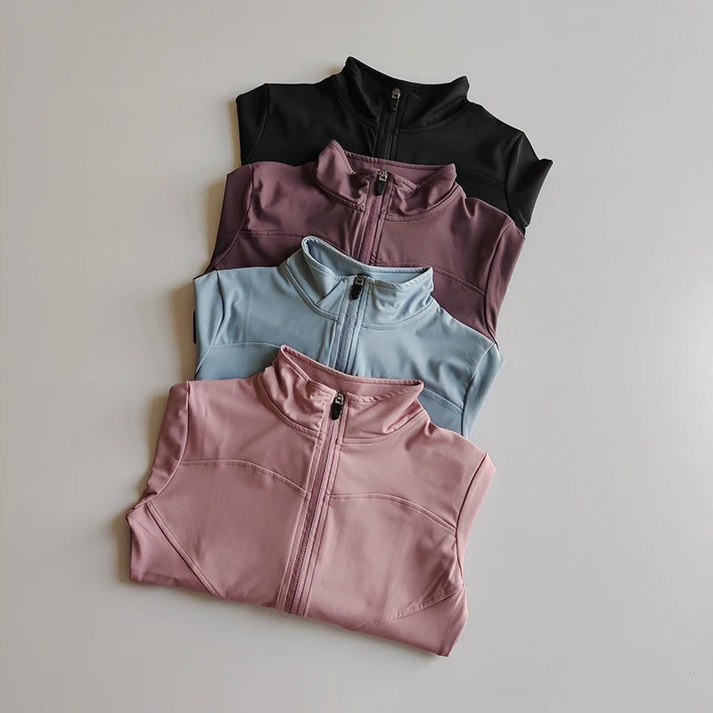 Chaqueta de manga larga para deportes al aire libre para mujer, ropa de Yoga delgada, cárdigan de secado rápido con cremallera, cuello alto, chaqueta para correr, Fitness, Top