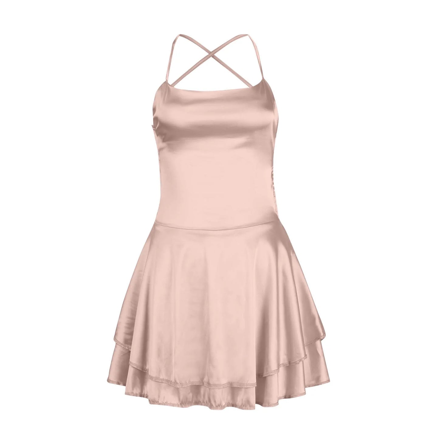 Ladies' Silk And Satin Elegant Sexy Slim Beautiful Backless Short Dress Cowl Neck Cross Spaghetti Strap Party Pleated Mini Skirt