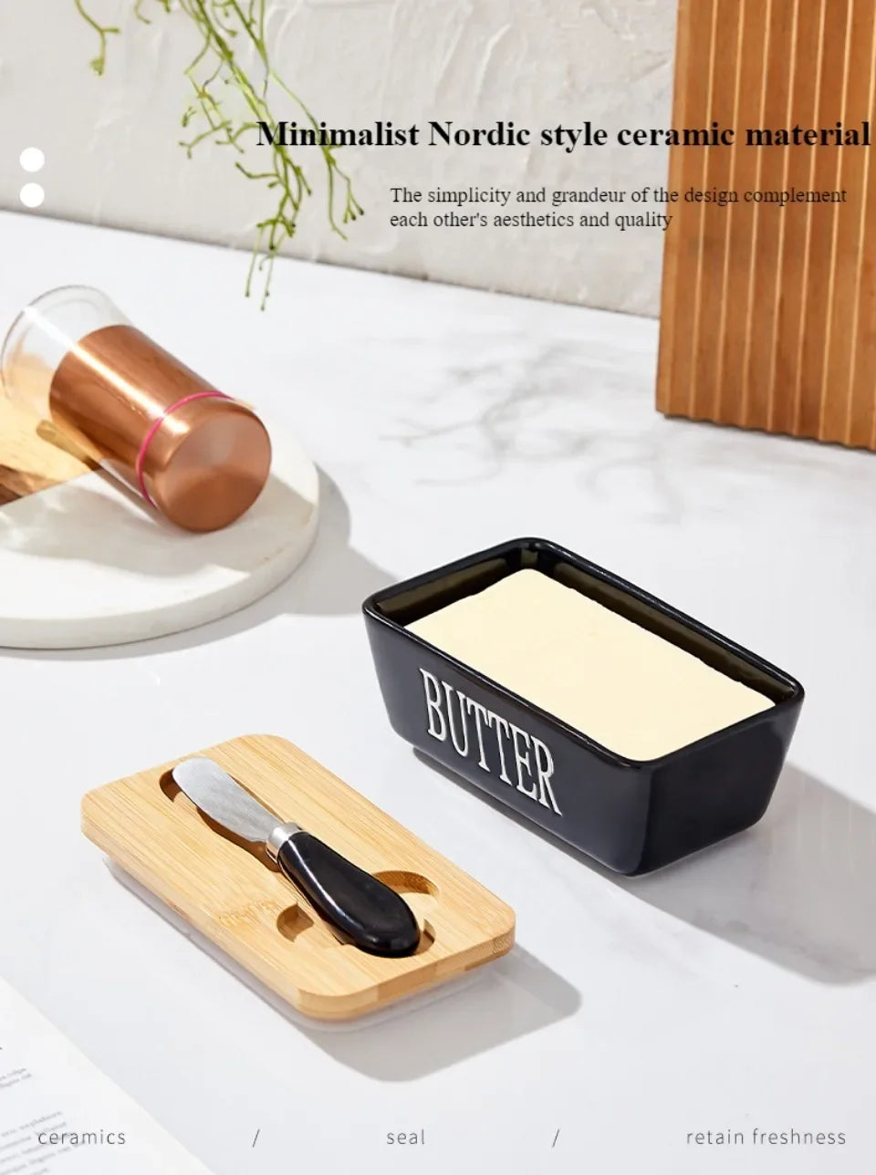 Ceramic Butter Container Box Restaurant Seal Storage Boxes Cheese Box with Knife Bamboo Lid Butters Slicer Butter Dish Tableware