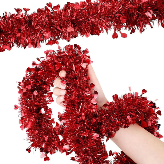 2 Valentine's Day Tinsel Garland Decoration Red Heart Tinsel Garland Shiny Hanging Metallic Tinsel Ornaments