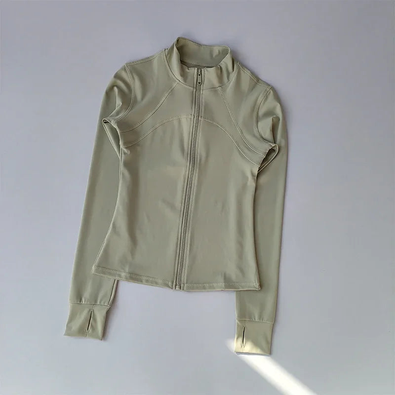Chaqueta de manga larga para deportes al aire libre para mujer, ropa de Yoga delgada, cárdigan de secado rápido con cremallera, cuello alto, chaqueta para correr, Fitness, Top