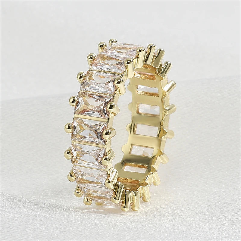 Anillos de compromiso de circonia cúbica Baguette clásicos para mujer, joyería de lujo chapada en oro de 18 quilates para fiesta y boda
